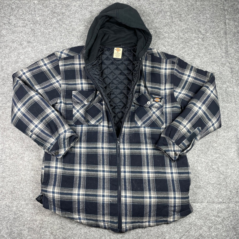 Dickies Flannel Shirt Jacket Mens XL Navy Blue Plaid Quilted Lined Hooded Work